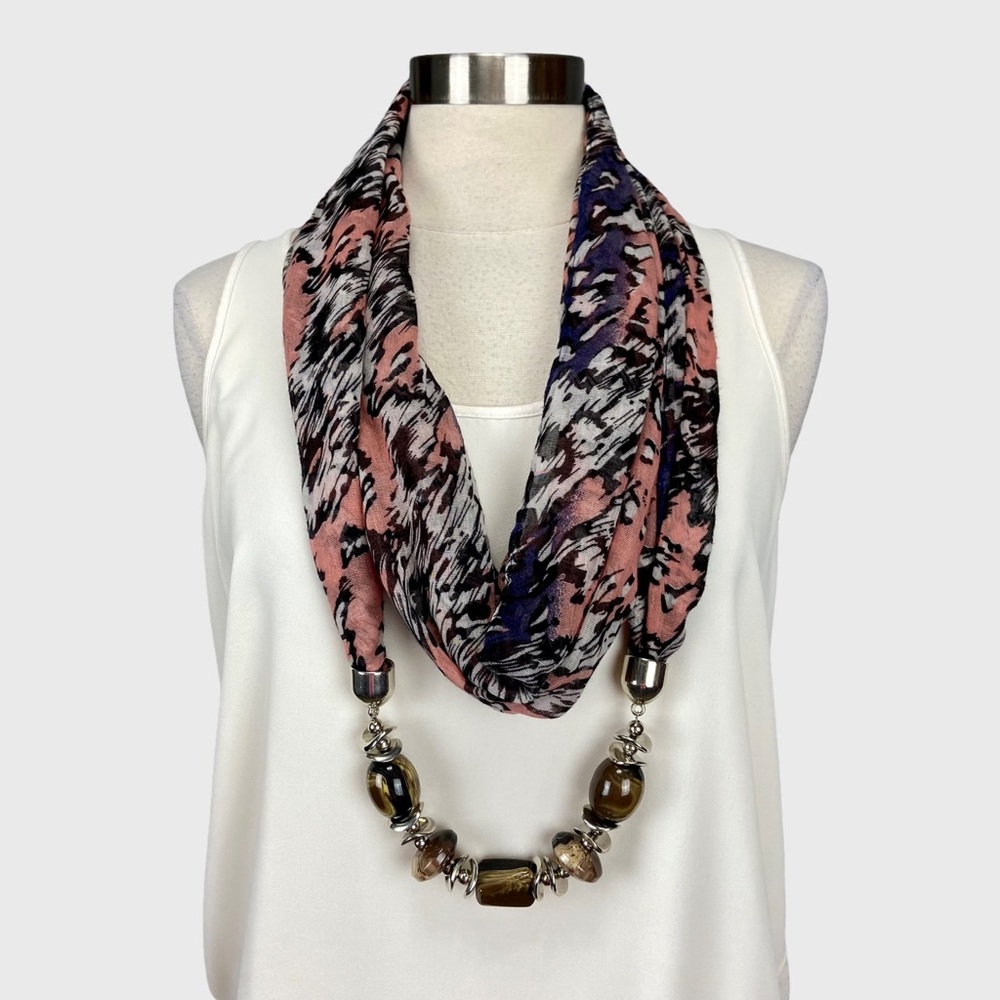 Infinity Scarf Pink Black Leopard Print Chiffon with Beads
